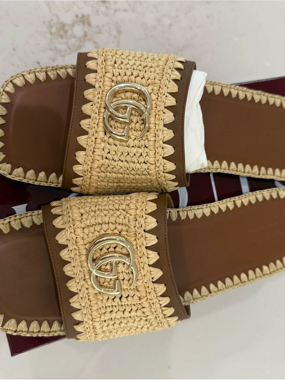 Gucci Brown and Natural Raffia Slide Sandals with Gold Double G